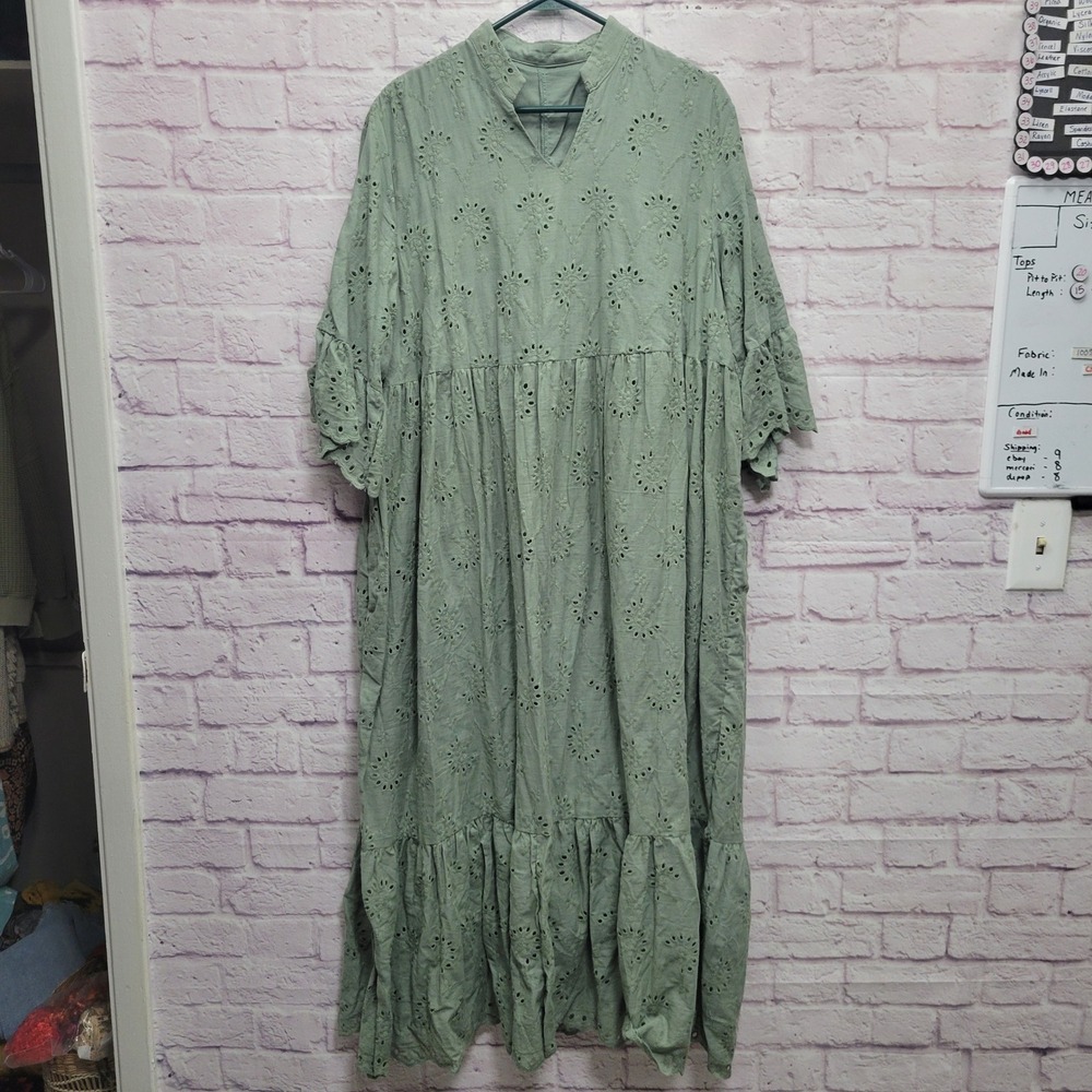 SHEIN Curve Sage Greenβ Eyelet Maxi Dress 1X Flowy Tiered Cottage Boho Prairie